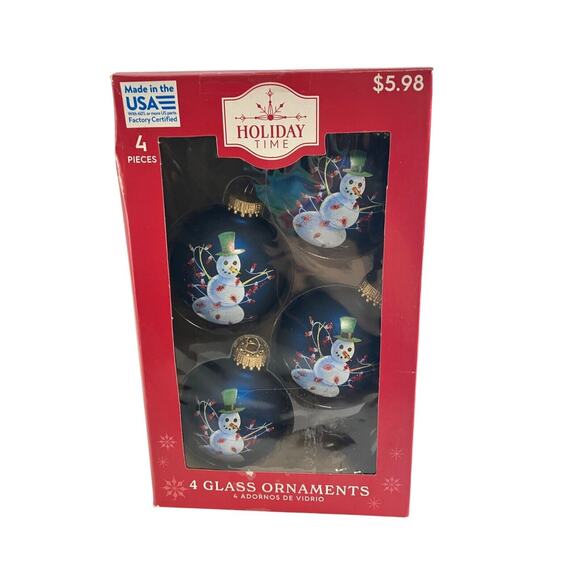 Set Of 4 Holiday Time Snowman Glass Ornaments Dark Blue Design - Picture 1 of 13